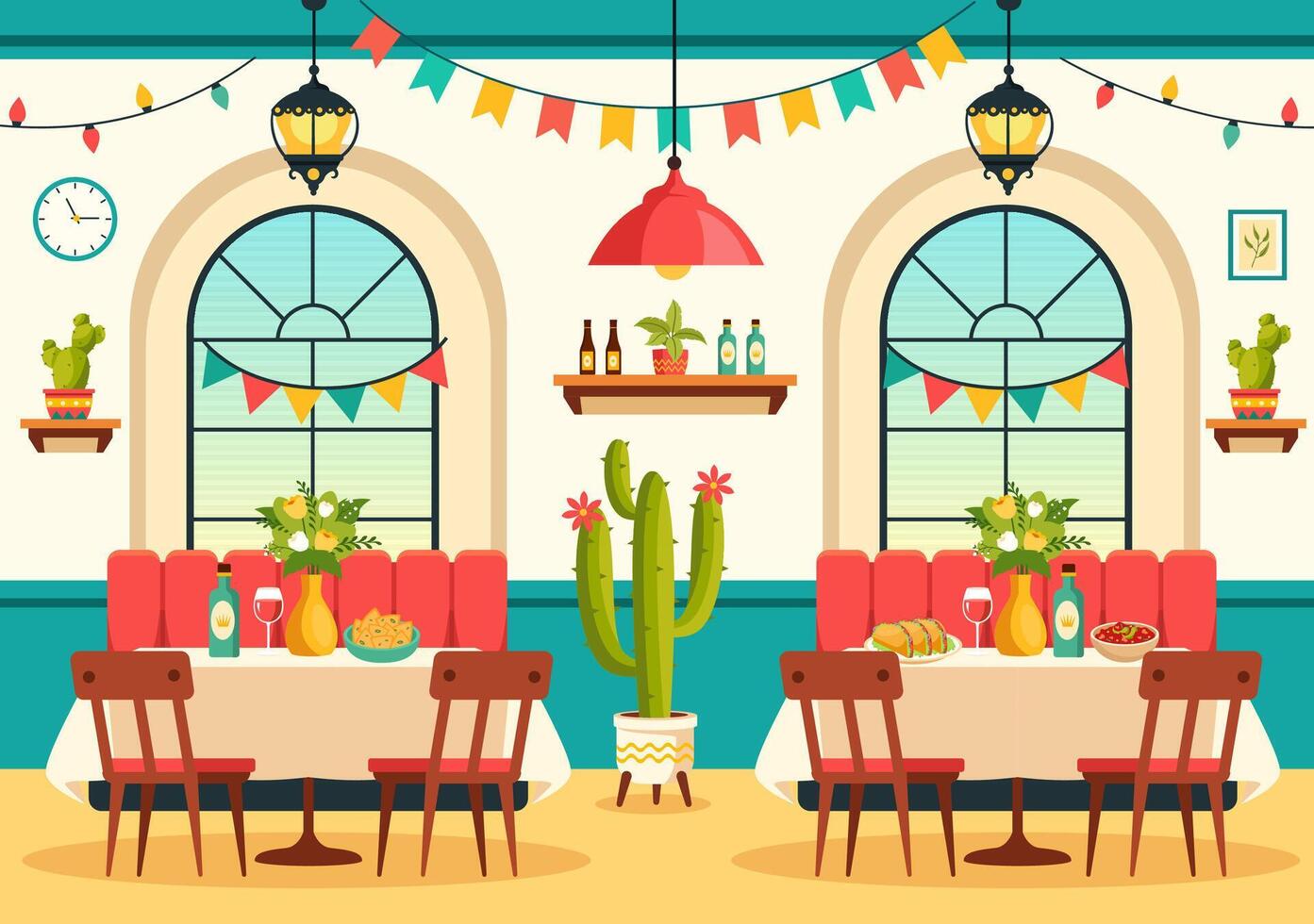 mexicano Comida restaurante ilustração com vários do delicioso tradicional cozinha tacos, nachos e de outros em plano desenho animado fundo vetor