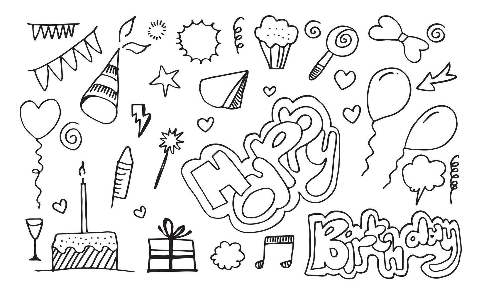 conjunto de objetos de desenhos animados doodle desenhados à mão e símbolos na festa de aniversário. vetor