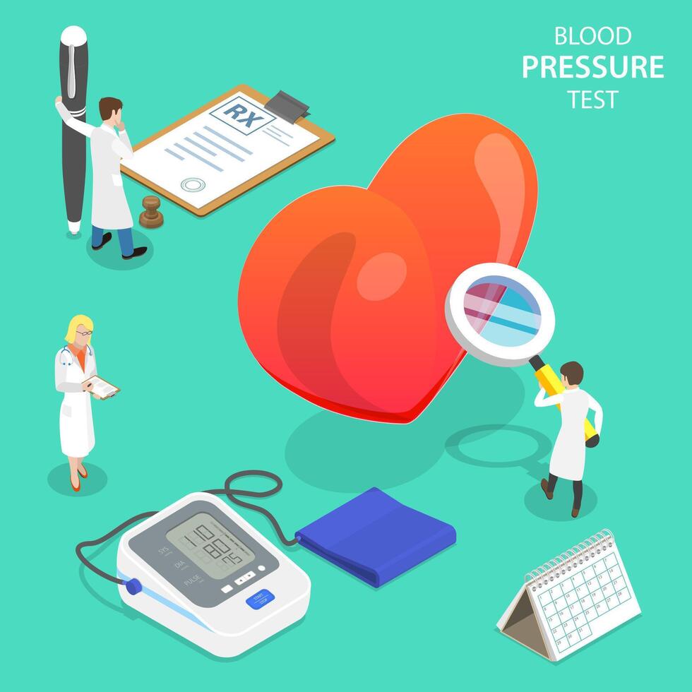 isométrico plano conceito do sangue pressão teste, médico digital tonômetro. vetor