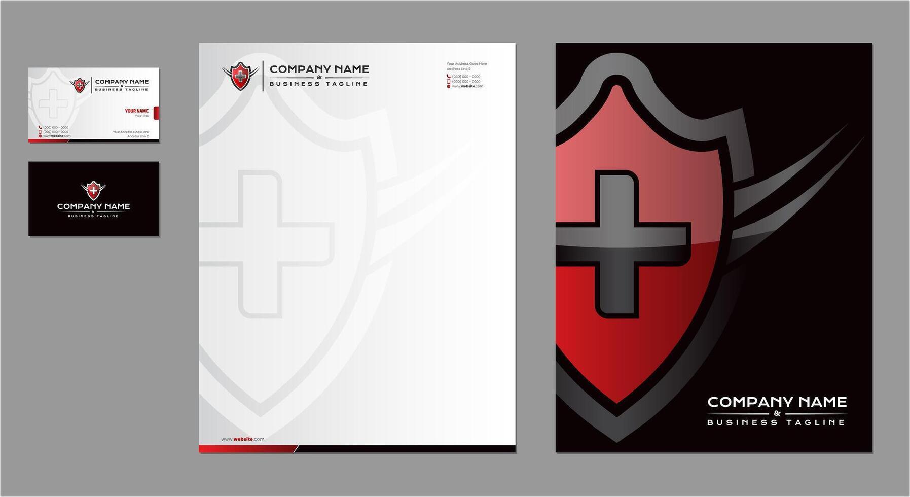 escudo logotipo Projeto com papel timbrado, o negócio cartão para protegendo e segurança o negócio vetor