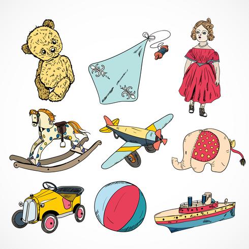 Conjunto de ícones de esboço colorido de brinquedos vetor