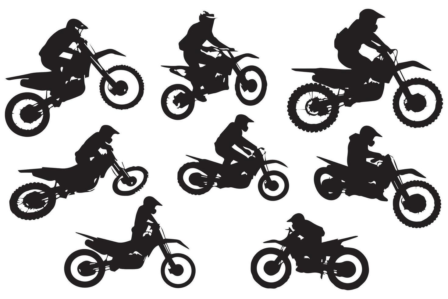 conjunto silhueta do motocicleta cavaleiro realizando truque em branco fundo pró Projeto vetor
