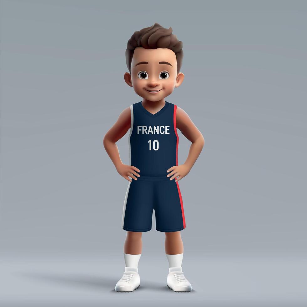 3d desenho animado fofa basquetebol jogador dentro França nacional equipe kit. vetor