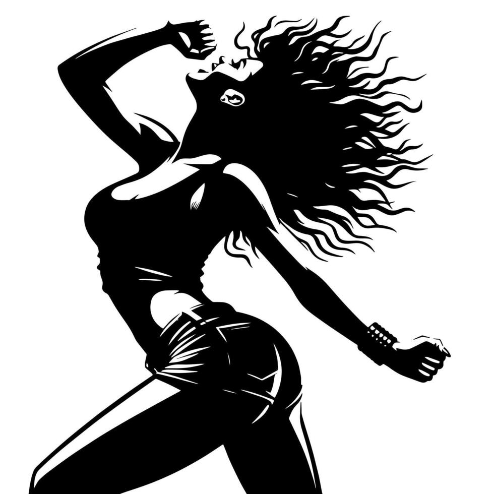 Preto e branco ilustração do uma punk mulher é dançando e tremendo dentro uma bem sucedido pose vetor