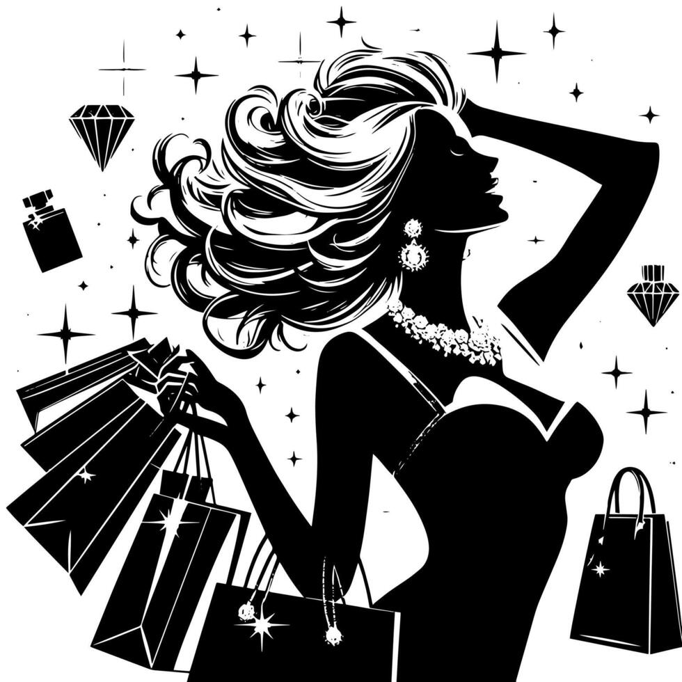 Preto e branco ilustração do uma por sorte luxuoso compras senhora com bolsas e diamantes e perfume vetor