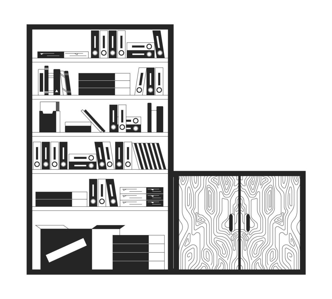 estantes de livros com de madeira gabinete Preto e branco 2d linha desenho animado objeto. moderno escritório mobiliário isolado esboço Unid. corporativo interior Projeto monocromático plano local ilustração vetor