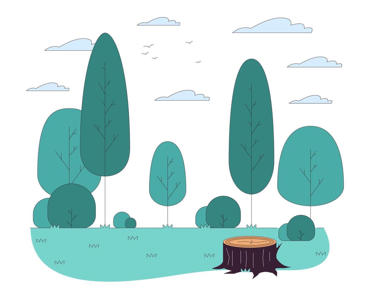esvaziar clareira com árvore toco dentro madeira linha desenho animado plano ilustração. viajando para verão floresta 2d lineart objetos isolado em branco fundo. pitoresco panorama cena cor imagem vetor
