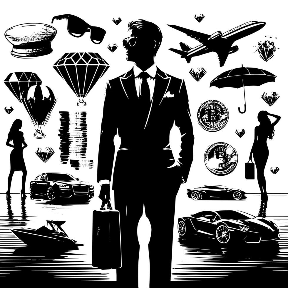 Preto e branco ilustração do uma bem sucedido o negócio homem com dinheiro carros meninas e luxo vetor