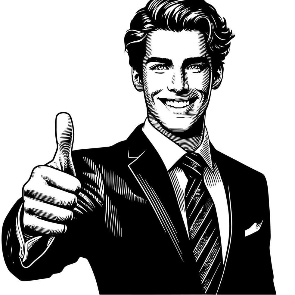 Preto e branco ilustração do uma homem dentro o negócio terno é mostrando a polegares acima placa vetor