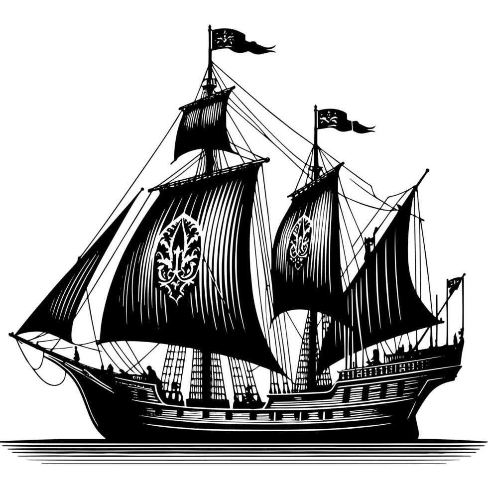 Preto e branco ilustração do uma tradicional velho Navegando navio vetor