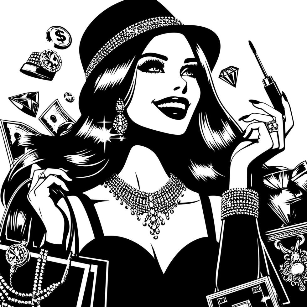 Preto e branco ilustração do uma por sorte luxuoso compras senhora com bolsas e diamantes e perfume vetor