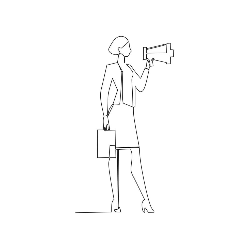 contínuo linha desenhando do o negócio mulher com megafone. mão desenhado estilo dentro comunicação dentro o negócio conceito ilustração Projeto vetor