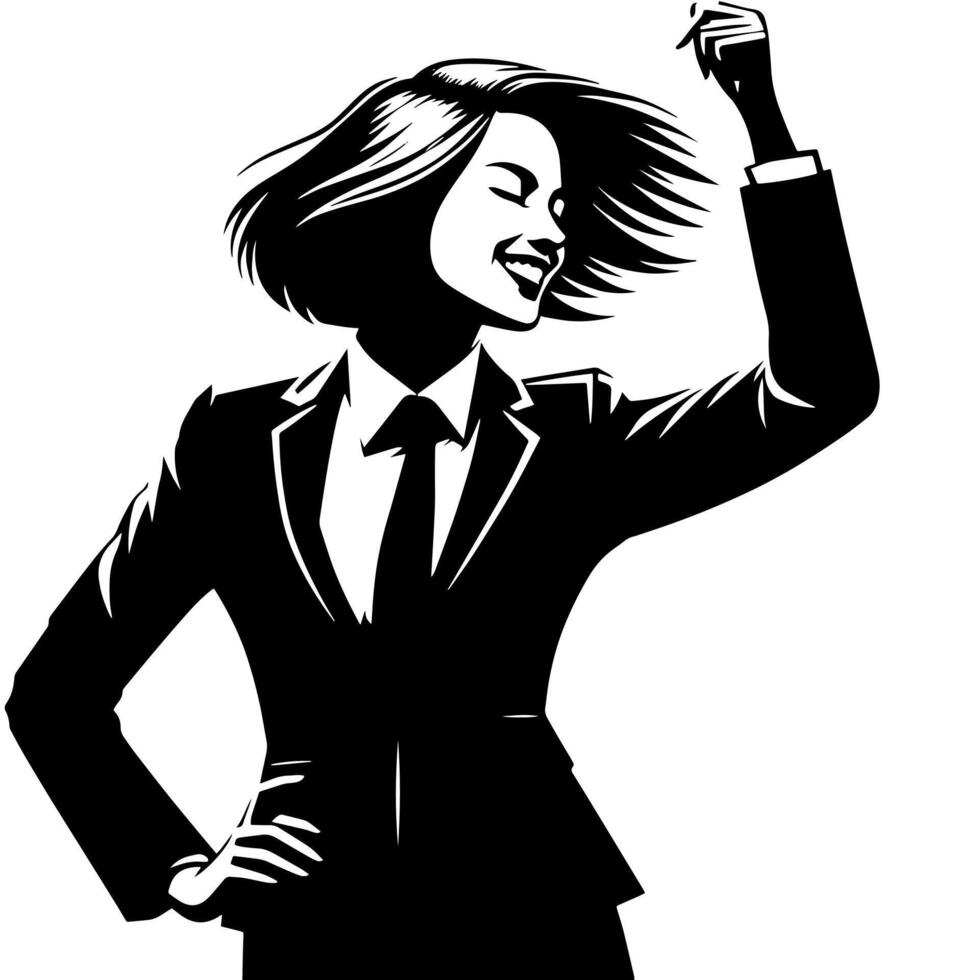 Preto e branco ilustração do uma mulher dentro o negócio terno é dançando e tremendo dentro uma bem sucedido pose vetor