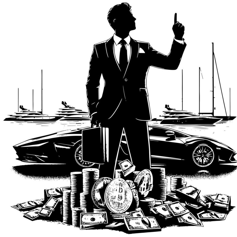 Preto e branco ilustração do uma bem sucedido o negócio homem com bitcoins dinheiro carros e luxo vetor