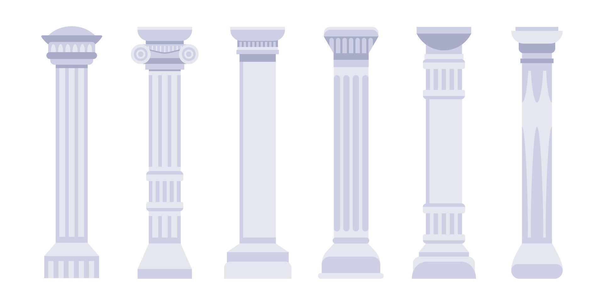 mármore Antiguidade colunas e pilares do romano e grego arquitetura. clássico Antiguidade colunata com esculpido pedra vetor