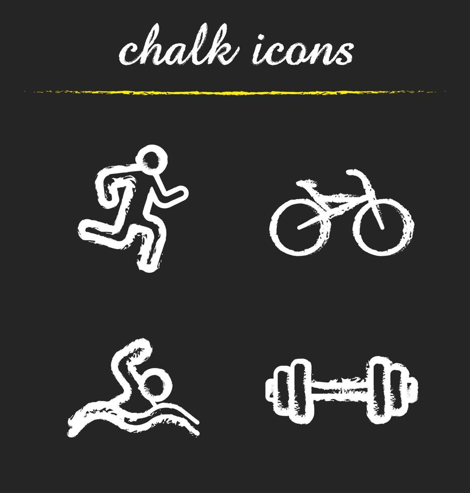 conjunto de ícones de giz do esporte. barbell, bike, natação e ilustrações de homem correndo. atletas e equipamentos esportivos. desenhos de quadro-negro vetoriais isolados vetor