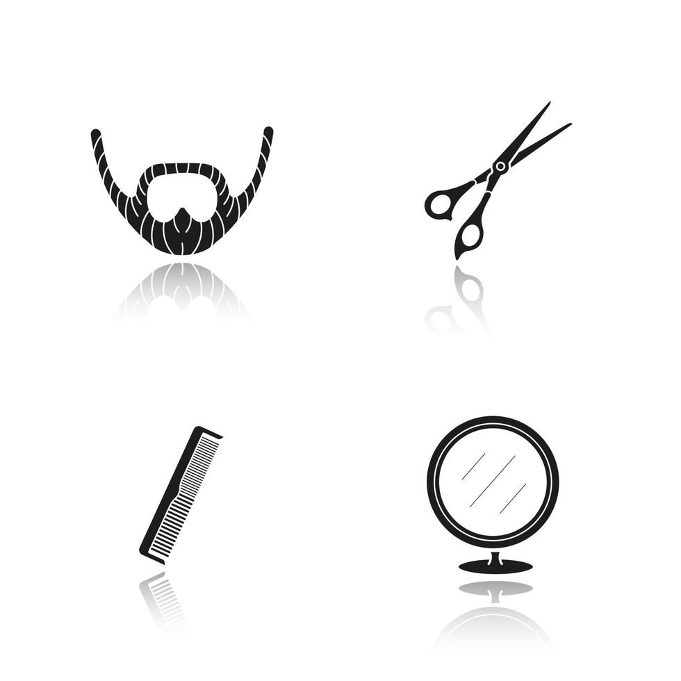 barbearia drop shadow black icons set. barba, tesoura, pente, espelho redondo. ilustrações vetoriais isoladas vetor