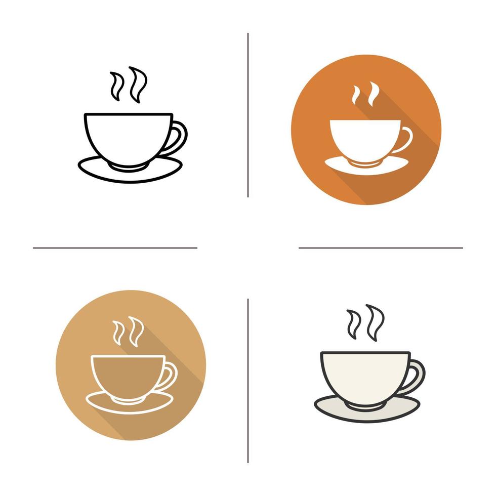 xícara de chá fumegante no ícone do prato. design plano, estilos lineares e de cores. xícara de café. ilustrações vetoriais isoladas de xícara de chá vetor