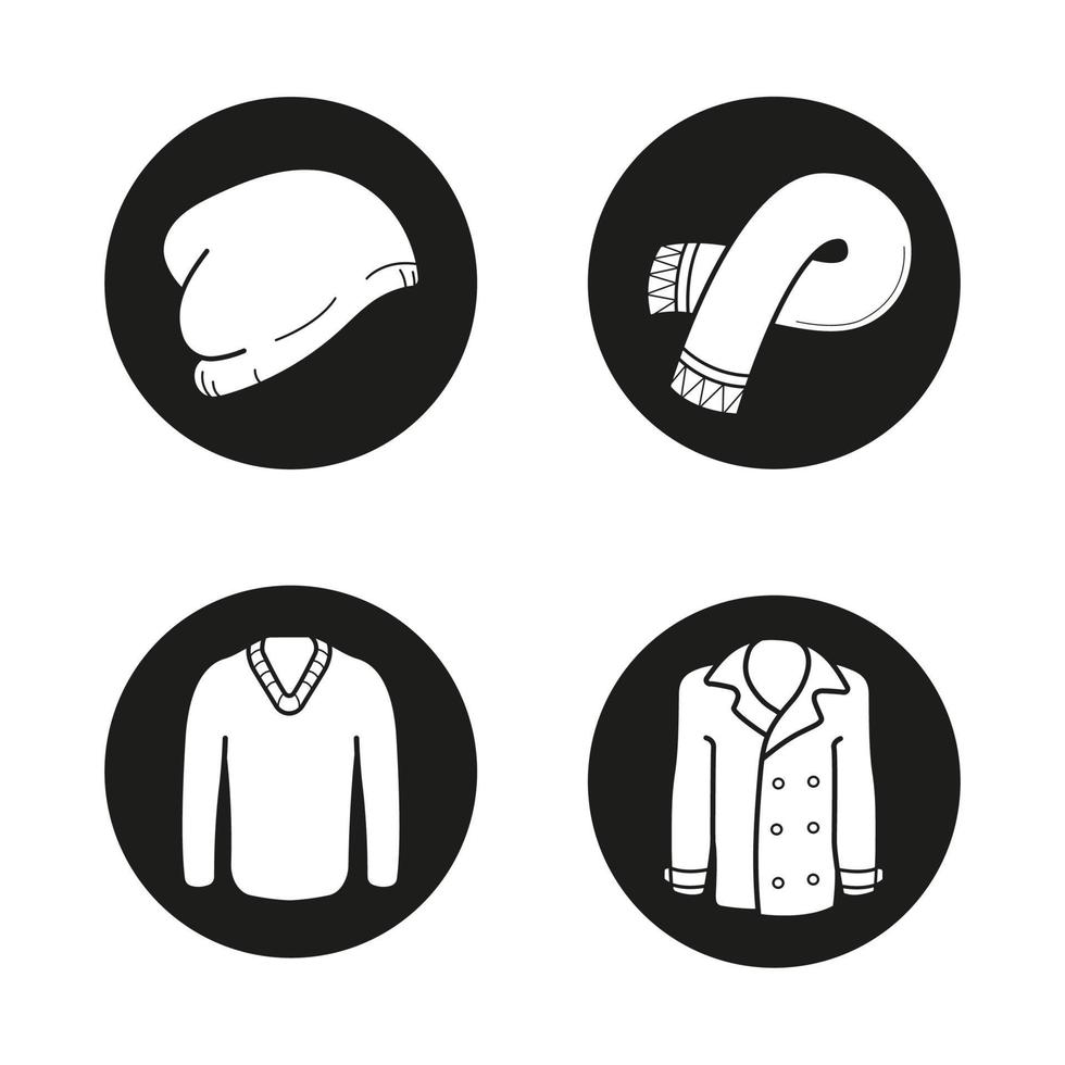 conjunto de ícones de roupas quentes de outono. chapéu, cachecol, pulôver, casaco. camisola e casaco. Ilustrações brancas em círculos pretos vetor