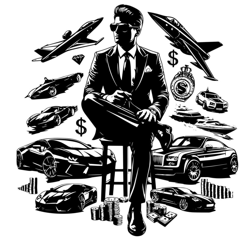 Preto e branco ilustração do uma bem sucedido o negócio homem com dinheiro carros meninas e luxo vetor