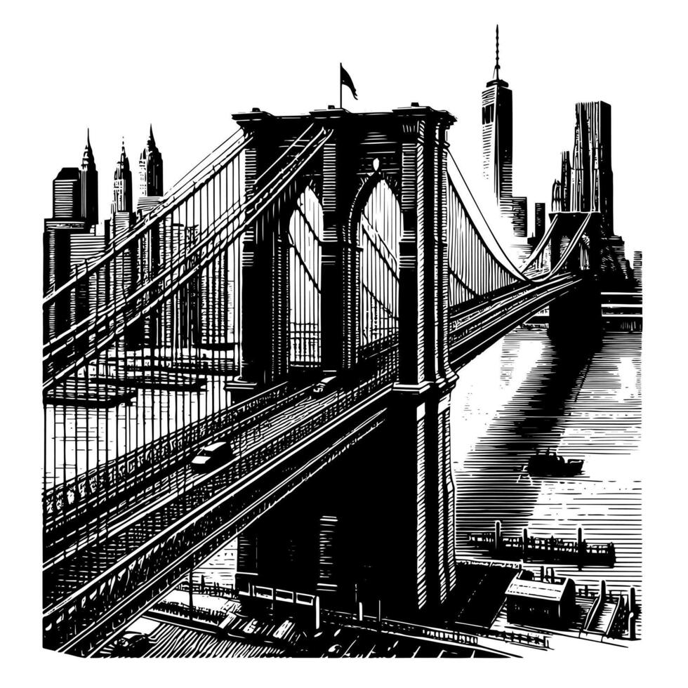 Preto e branco ilustração do Brooklyn ponte dentro Novo Iorque cidade Manhattan vetor