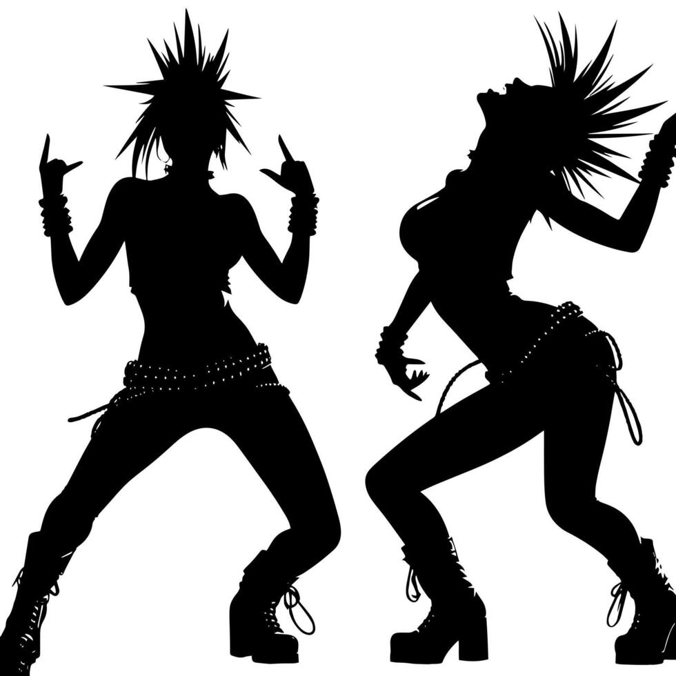 Preto e branco ilustração do uma punk mulher é dançando e tremendo dentro uma bem sucedido pose vetor