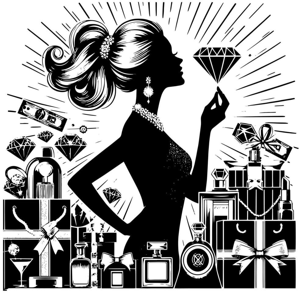 Preto e branco ilustração do uma por sorte luxuoso compras senhora com bolsas e diamantes e perfume vetor