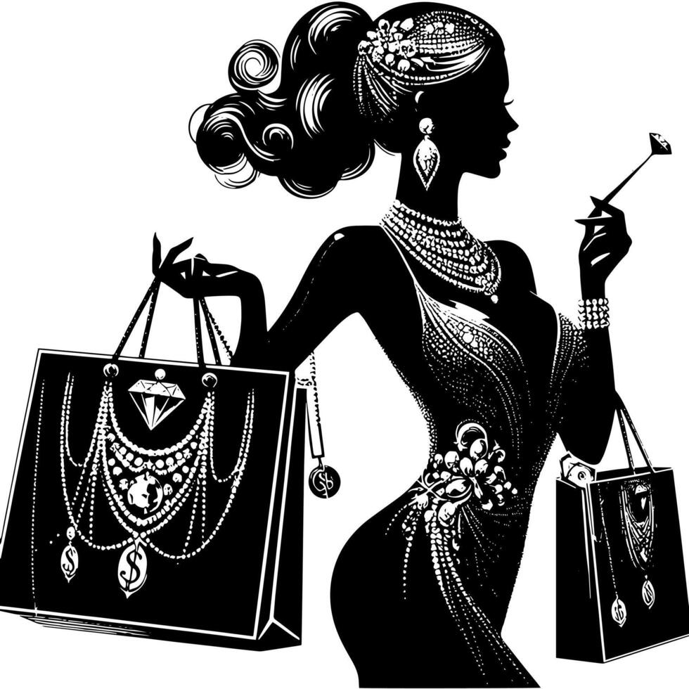 Preto e branco ilustração do uma por sorte luxuoso compras senhora com bolsas e diamantes e perfume vetor