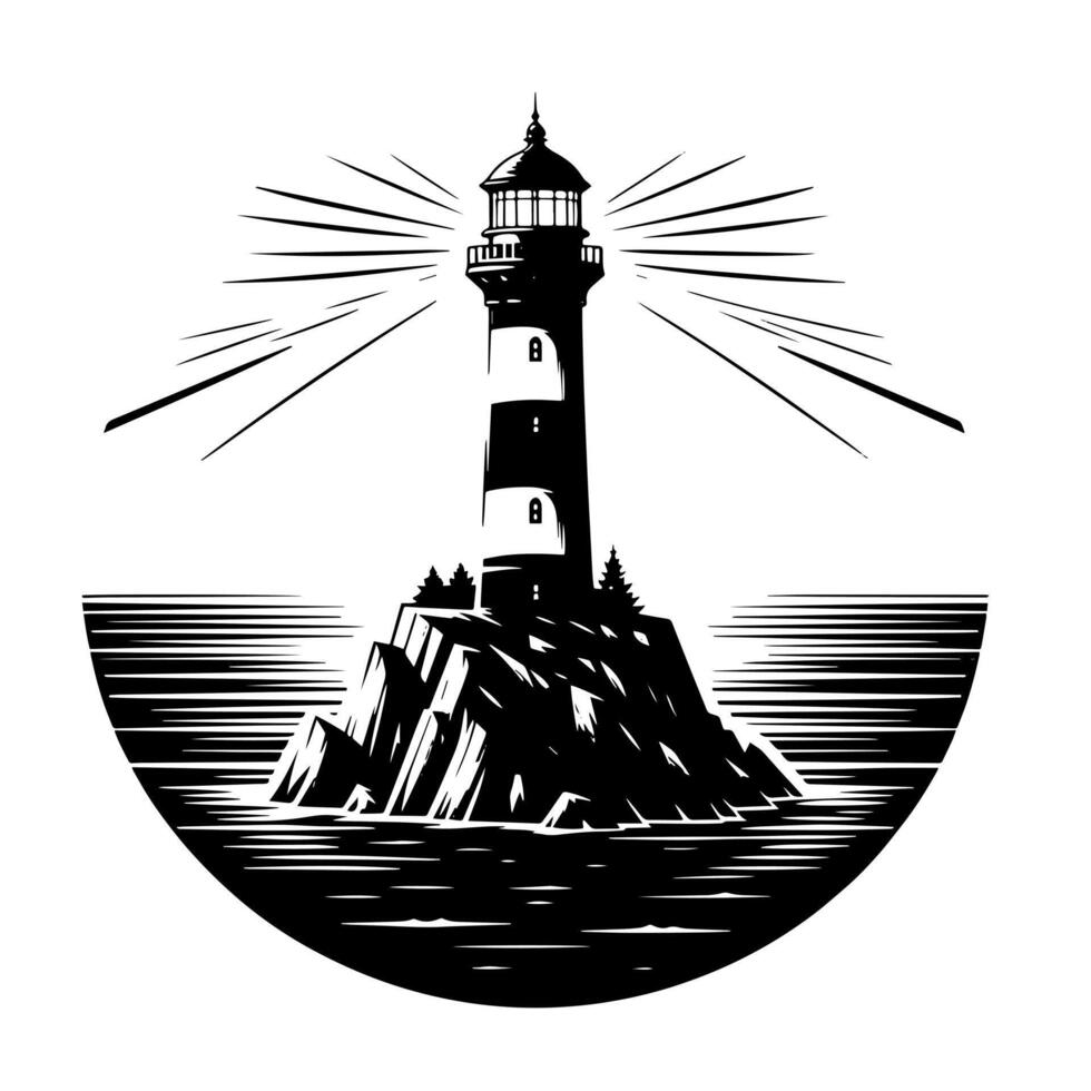 Preto e branco ilustração do uma tradicional velho farol em a pedras vetor