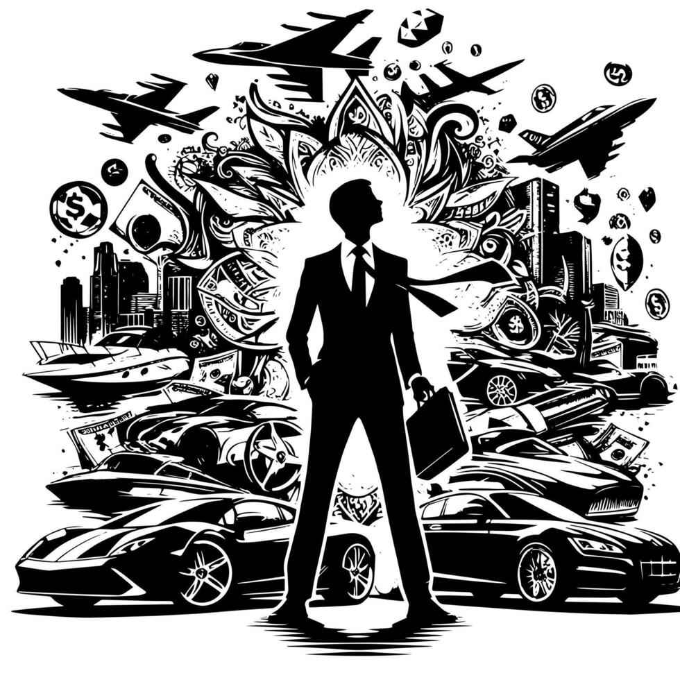 Preto e branco ilustração do uma bem sucedido o negócio homem com dinheiro carros meninas e luxo vetor