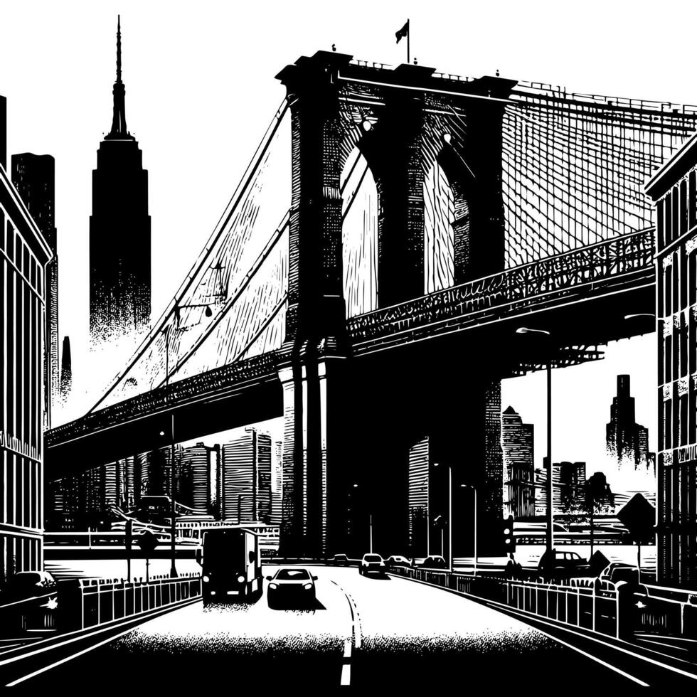 Preto e branco ilustração do Brooklyn ponte dentro Novo Iorque cidade Manhattan vetor