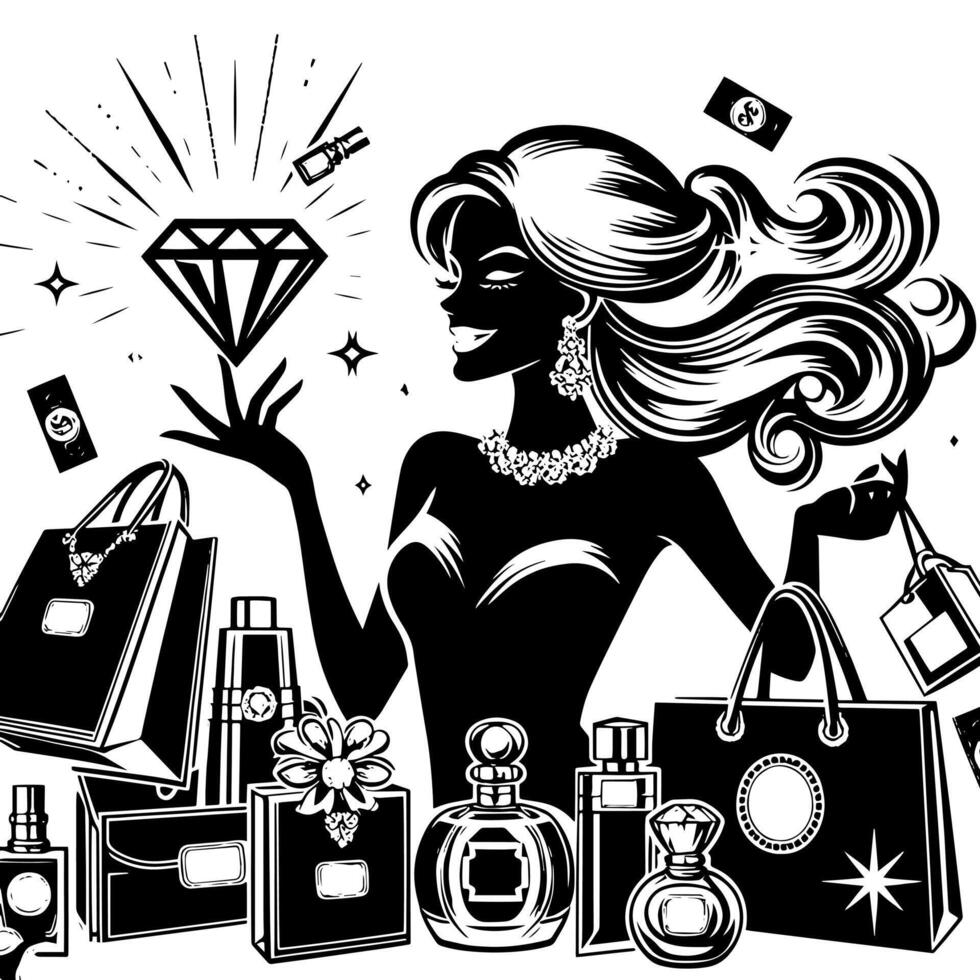 Preto e branco ilustração do uma por sorte luxuoso compras senhora com bolsas e diamantes e perfume vetor