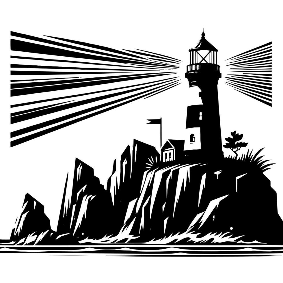 Preto e branco ilustração do uma tradicional velho farol em a pedras vetor