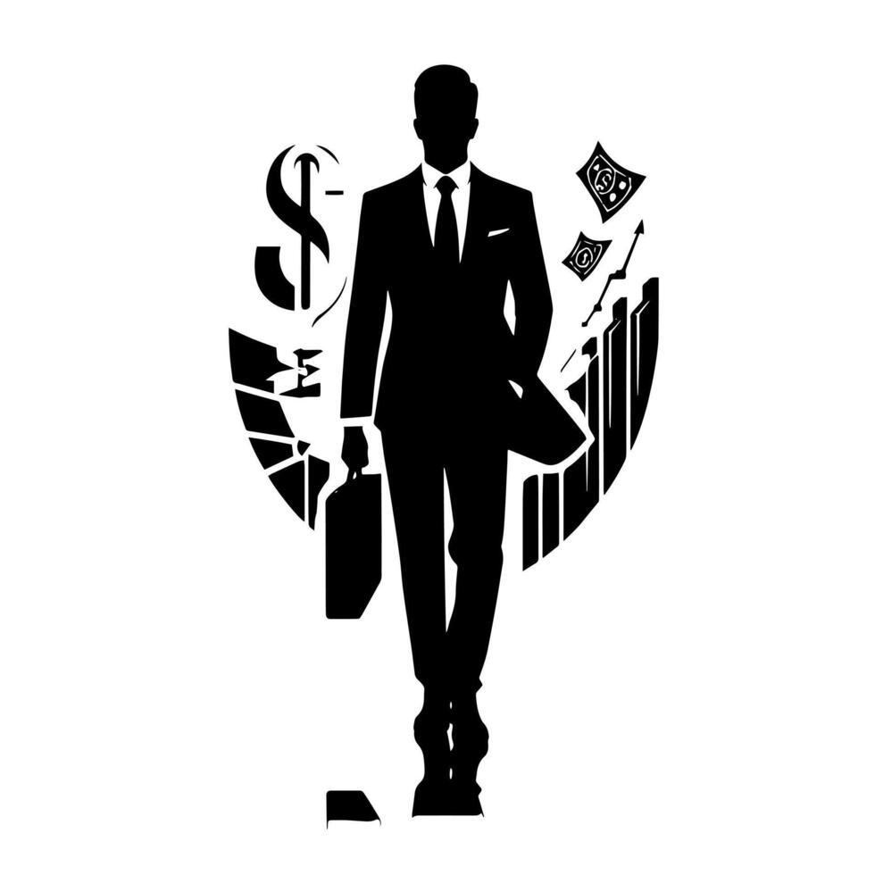 Preto e branco ilustração do uma bem sucedido o negócio homem com dinheiro carros e luxo vetor