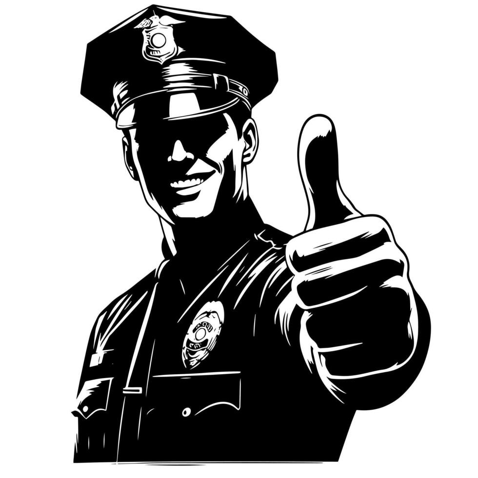 Preto e branco ilustração do uma polícia Policial quem é mostrando a polegares acima placa vetor