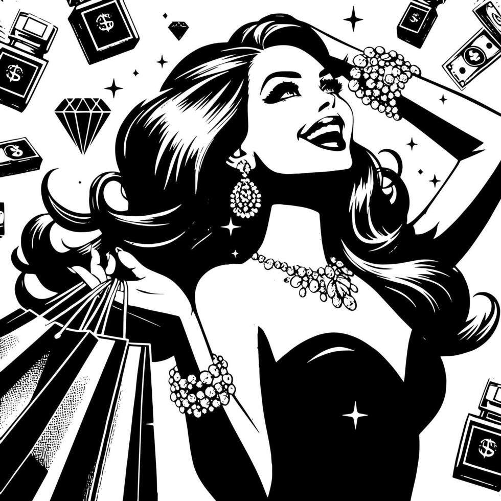 Preto e branco ilustração do uma por sorte luxuoso compras senhora com bolsas e diamantes e perfume vetor