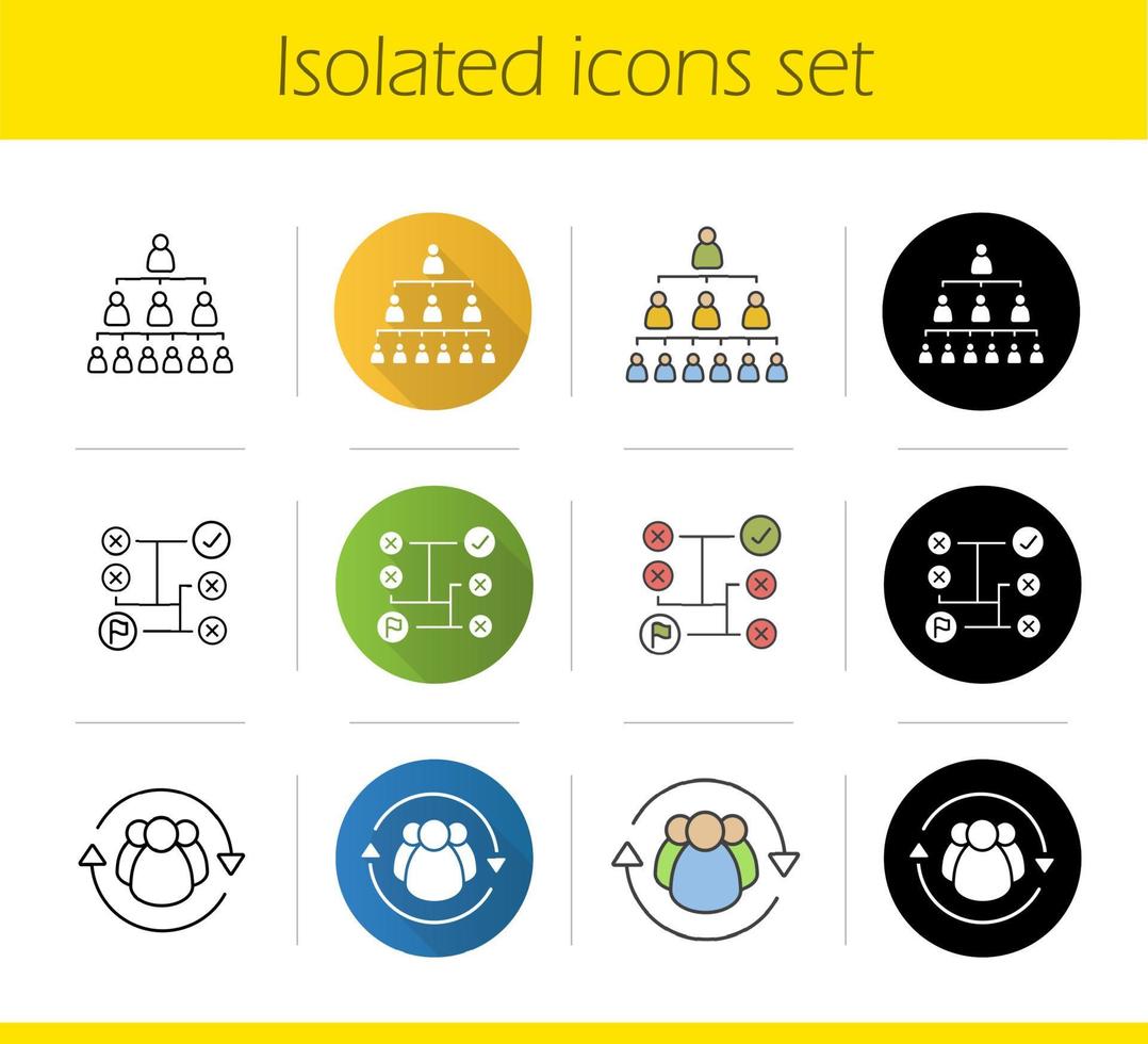 conjunto de ícones de conceitos de negócios. design plano, estilos linear, preto e colorido. hierarquia da empresa, resolução de problemas, rotatividade de pessoal. ilustrações vetoriais isoladas vetor