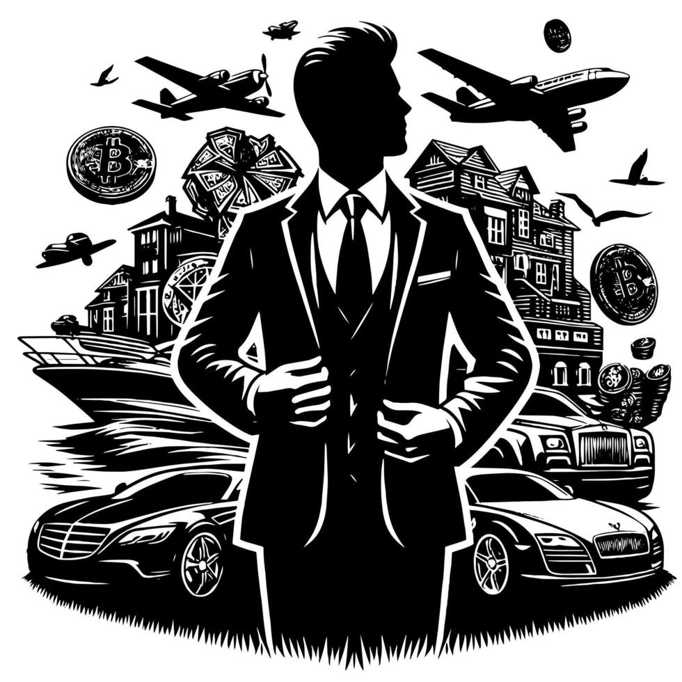 Preto e branco ilustração do uma bem sucedido o negócio homem com dinheiro carros meninas e luxo vetor