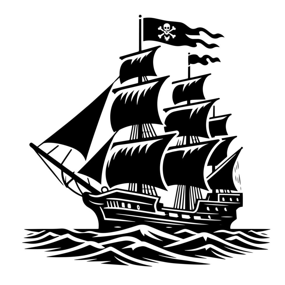 Preto e branco ilustração do pirata navio vetor