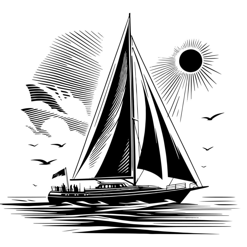 Preto e branco ilustração do uma Navegando barco vetor