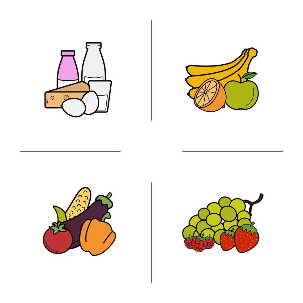 Conjunto de ícones de cores de categorias de produtos de mercearia. frutas, vegetais, frutas vermelhas, laticínios. ilustrações vetoriais isoladas vetor