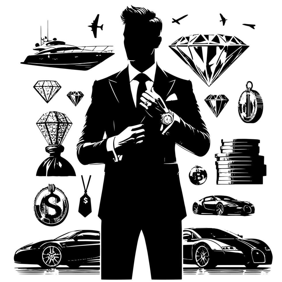 Preto e branco ilustração do uma bem sucedido o negócio homem com dinheiro carros meninas e luxo vetor