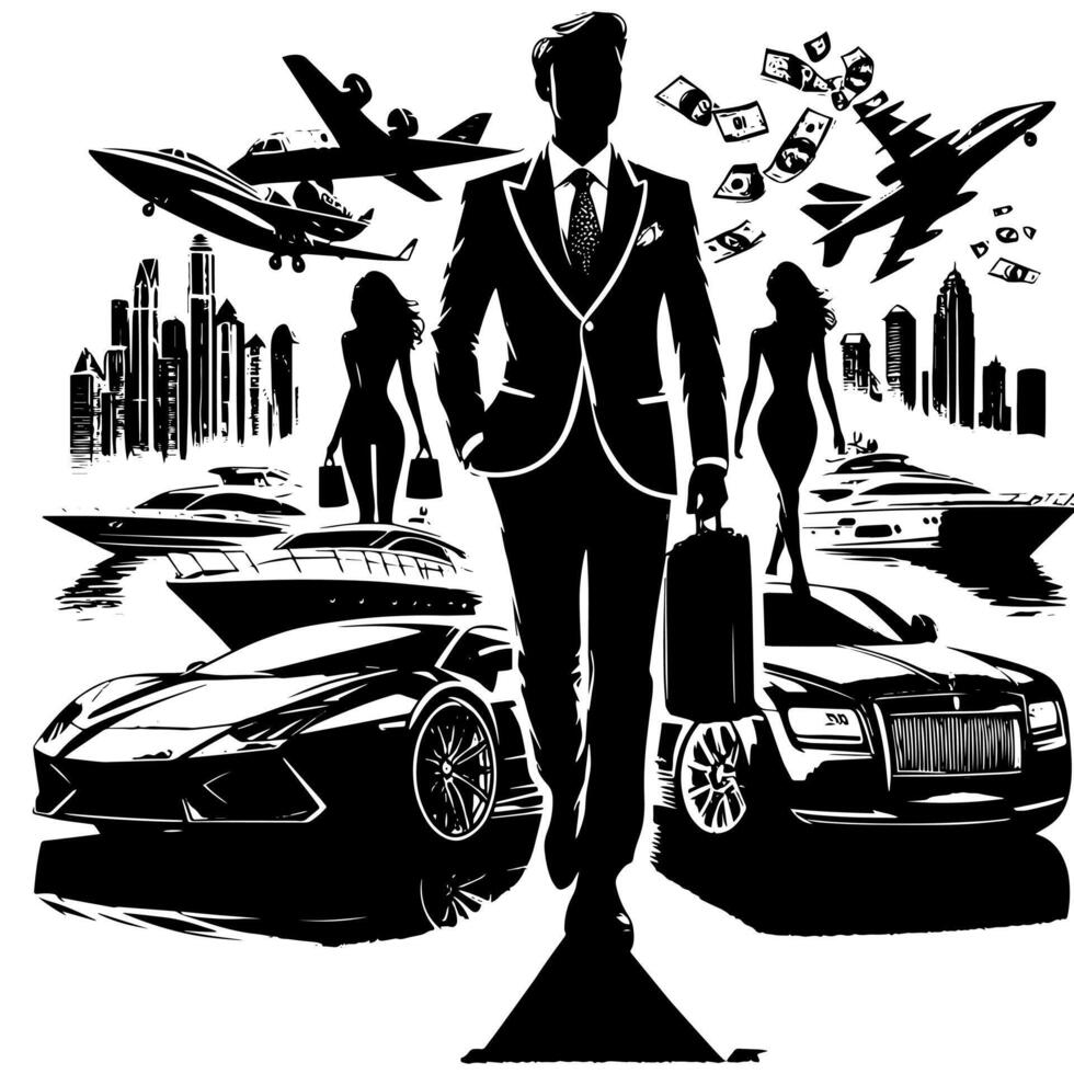 Preto e branco ilustração do uma bem sucedido o negócio homem com dinheiro carros meninas e luxo vetor