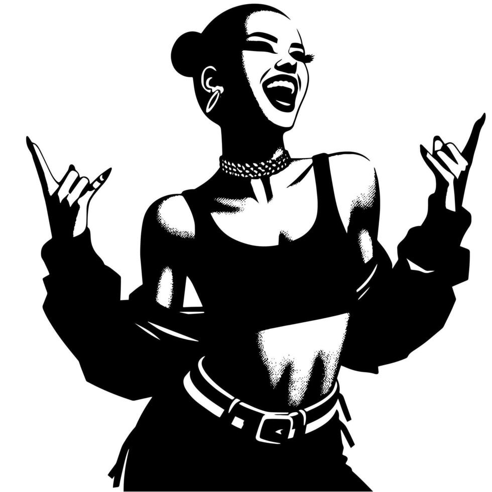 Preto e branco ilustração do uma punk mulher é dançando e tremendo dentro uma bem sucedido pose vetor