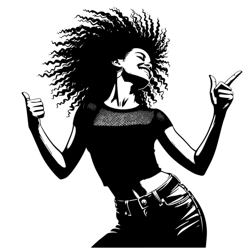 Preto e branco ilustração do uma punk mulher é dançando e tremendo dentro uma bem sucedido pose vetor