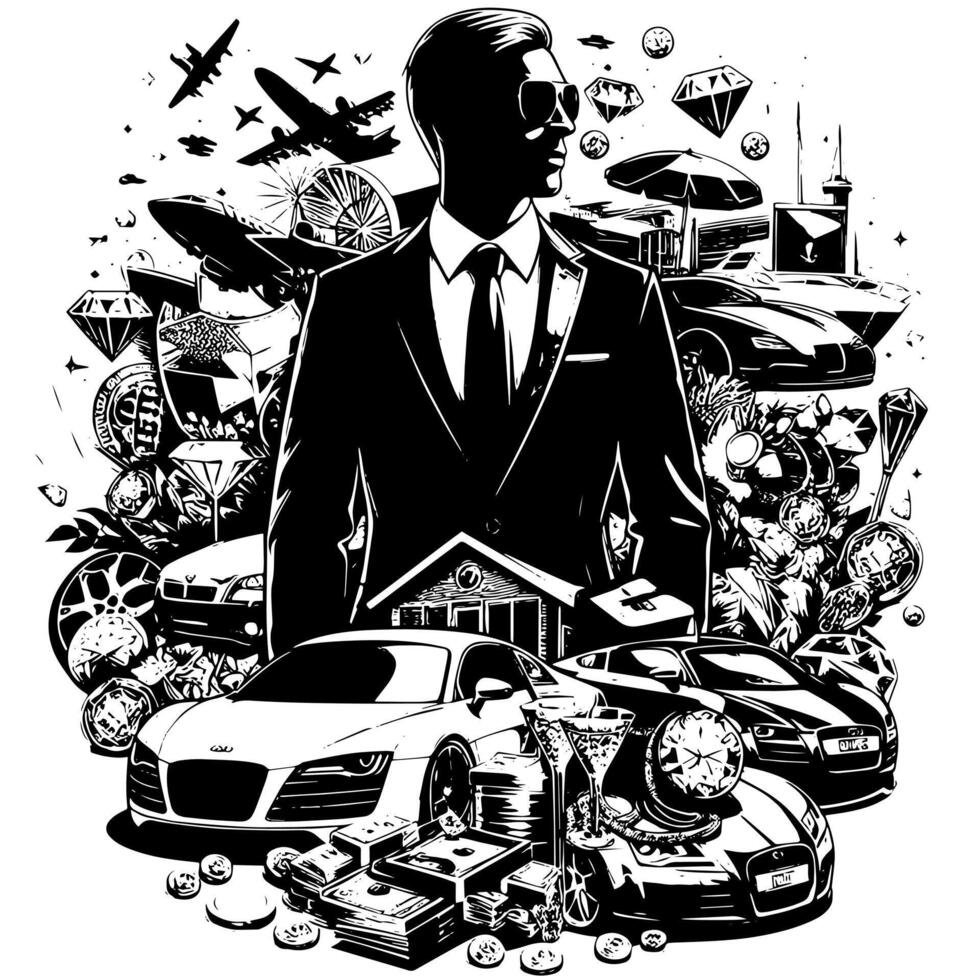 Preto e branco ilustração do uma bem sucedido o negócio homem com dinheiro carros meninas e luxo vetor