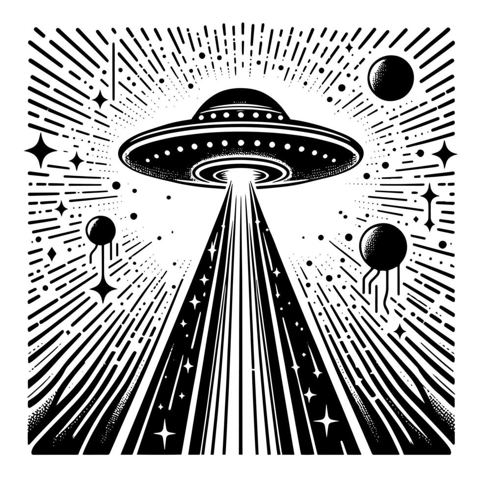 Preto e branco ilustração do a UFO vôo pires vetor