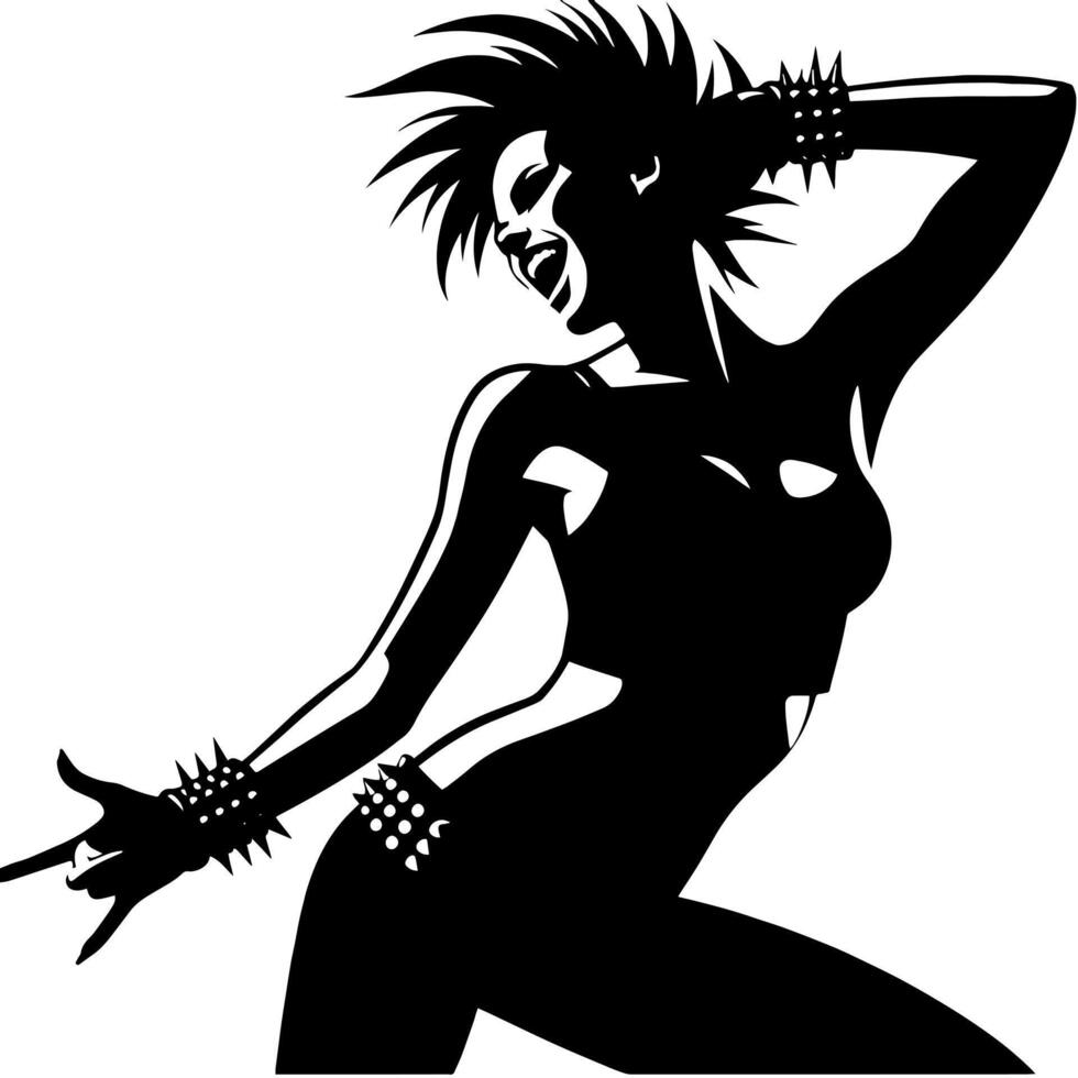 Preto e branco ilustração do uma punk mulher é dançando e tremendo dentro uma bem sucedido pose vetor