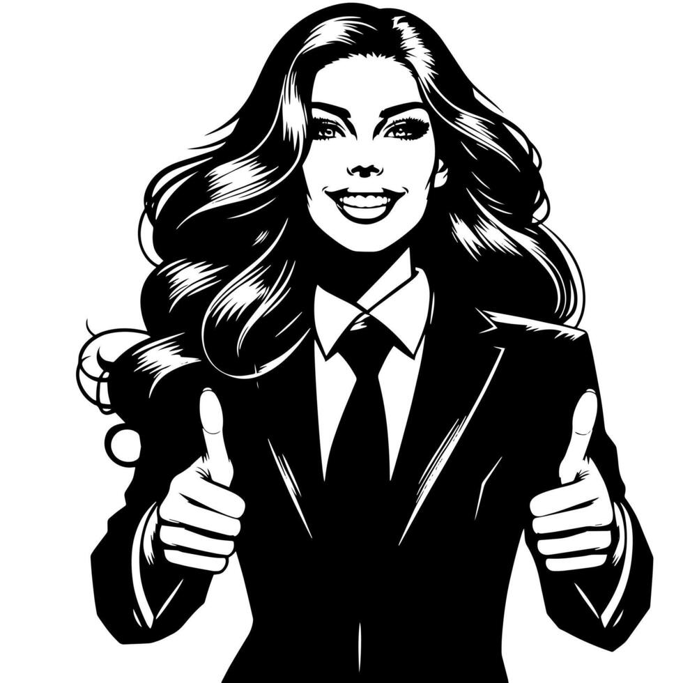 Preto e branco ilustração do uma mulher dentro o negócio terno é mostrando a polegares acima placa vetor