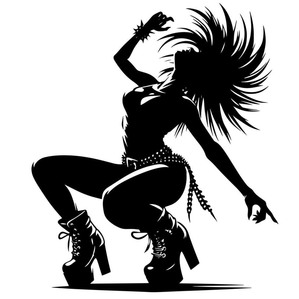 Preto e branco ilustração do uma punk mulher é dançando e tremendo dentro uma bem sucedido pose vetor